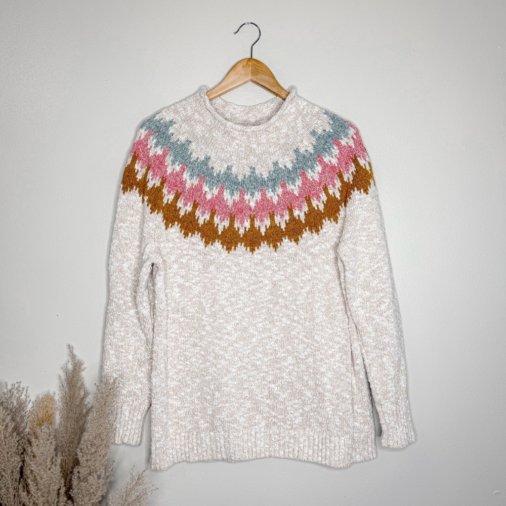 L.L. Bean Fair Isle Cozy Funnel Neck Cotton Rag Sweater XL